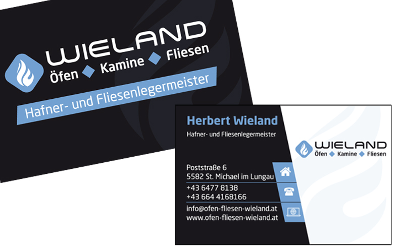 Styrolart Print und Webdesign - Wieland - Öfen Kamine Fliesen, Drucksorten Visitenkarte Logodesign Folder Autobeschriftung Auslagenbeschriftung Fassadenbeschriftung